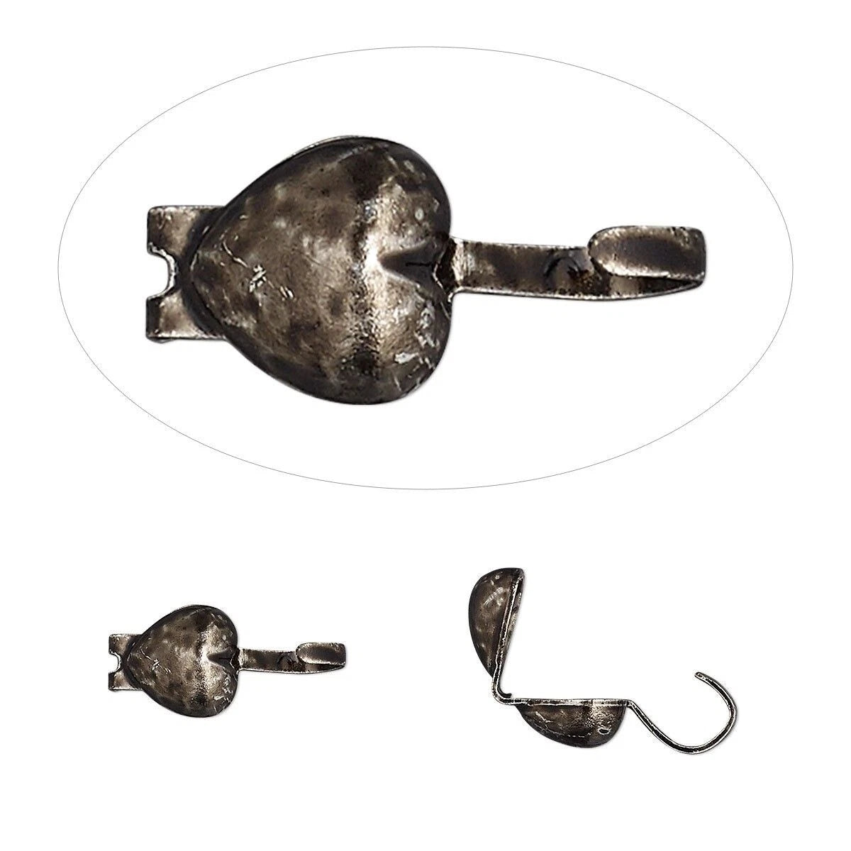 A dark metallic, antique-finished heart-shaped hook accessory shown from multiple angles on a plain white background, including a large top-down view inside an oval outline and two smaller side views below.