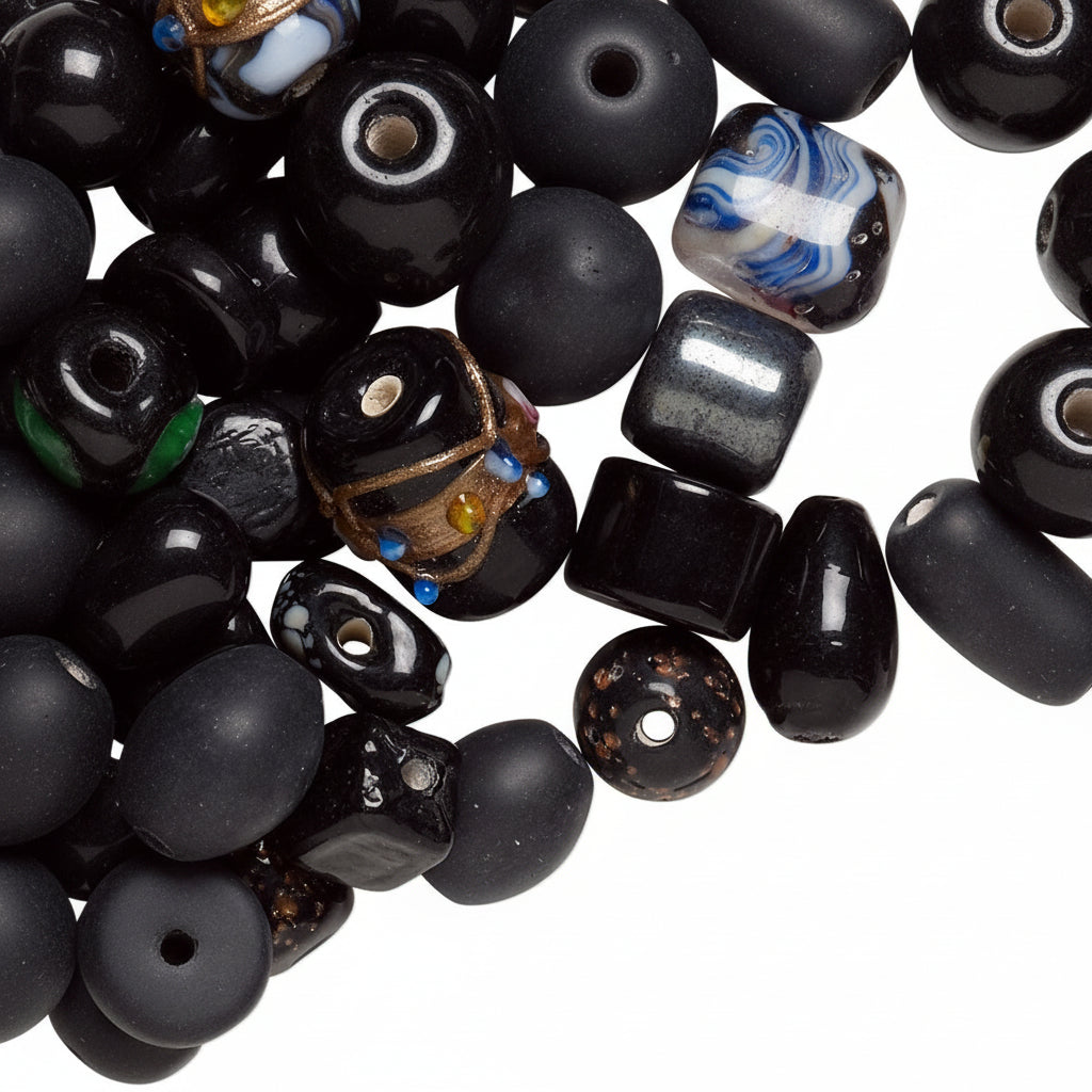 Lampworked Glass Bead Mix: Fancy Ebony Jet Black, Assorted Shapes, 100g