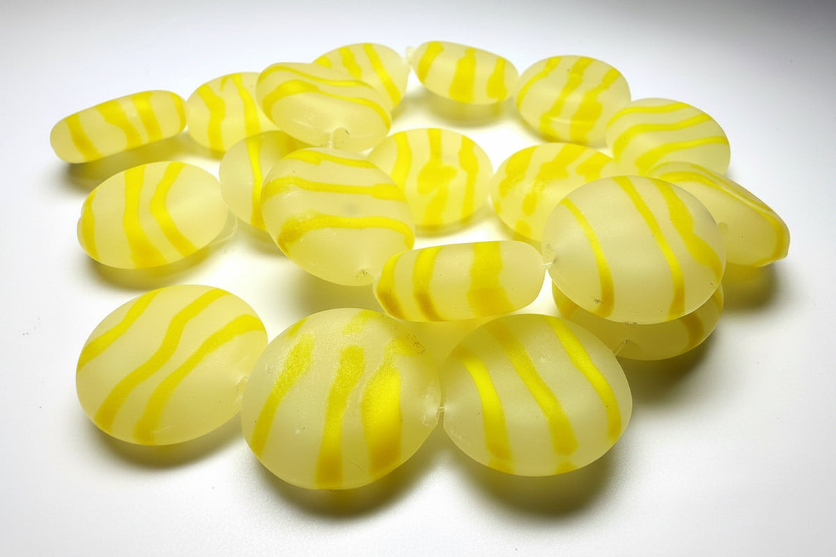 Lampwork Glass Frosted Yellow & Clear Swirl Puffed Round Beads, 20mm — 1 Strand