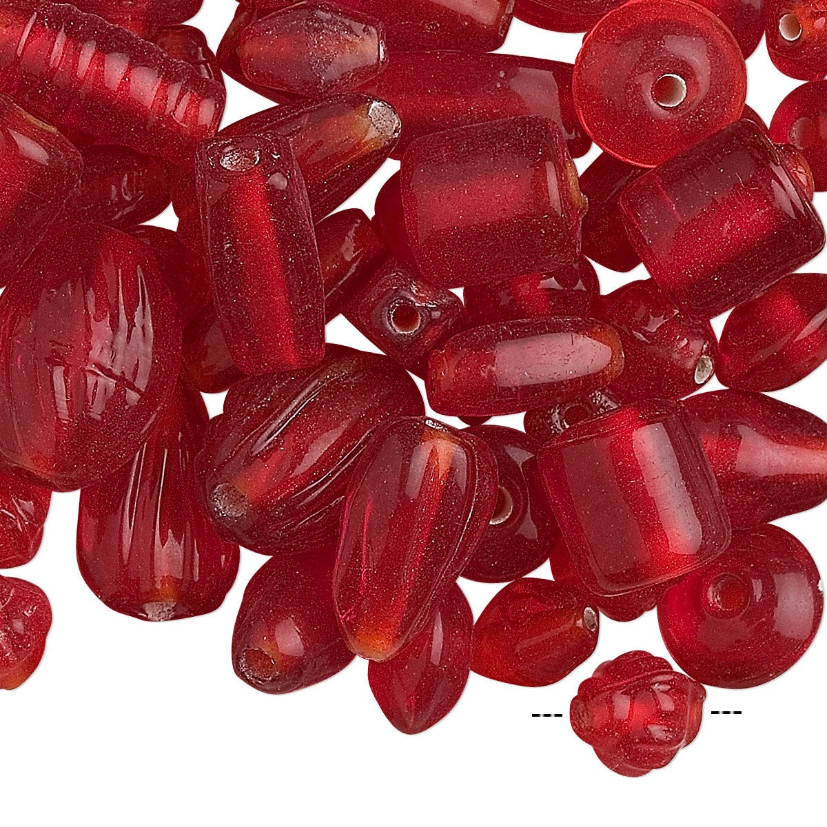 India Pressed Glass Bead Mix: Transparent Red, Assorted Shapes & Sizes (50g, ~60-100 pc)