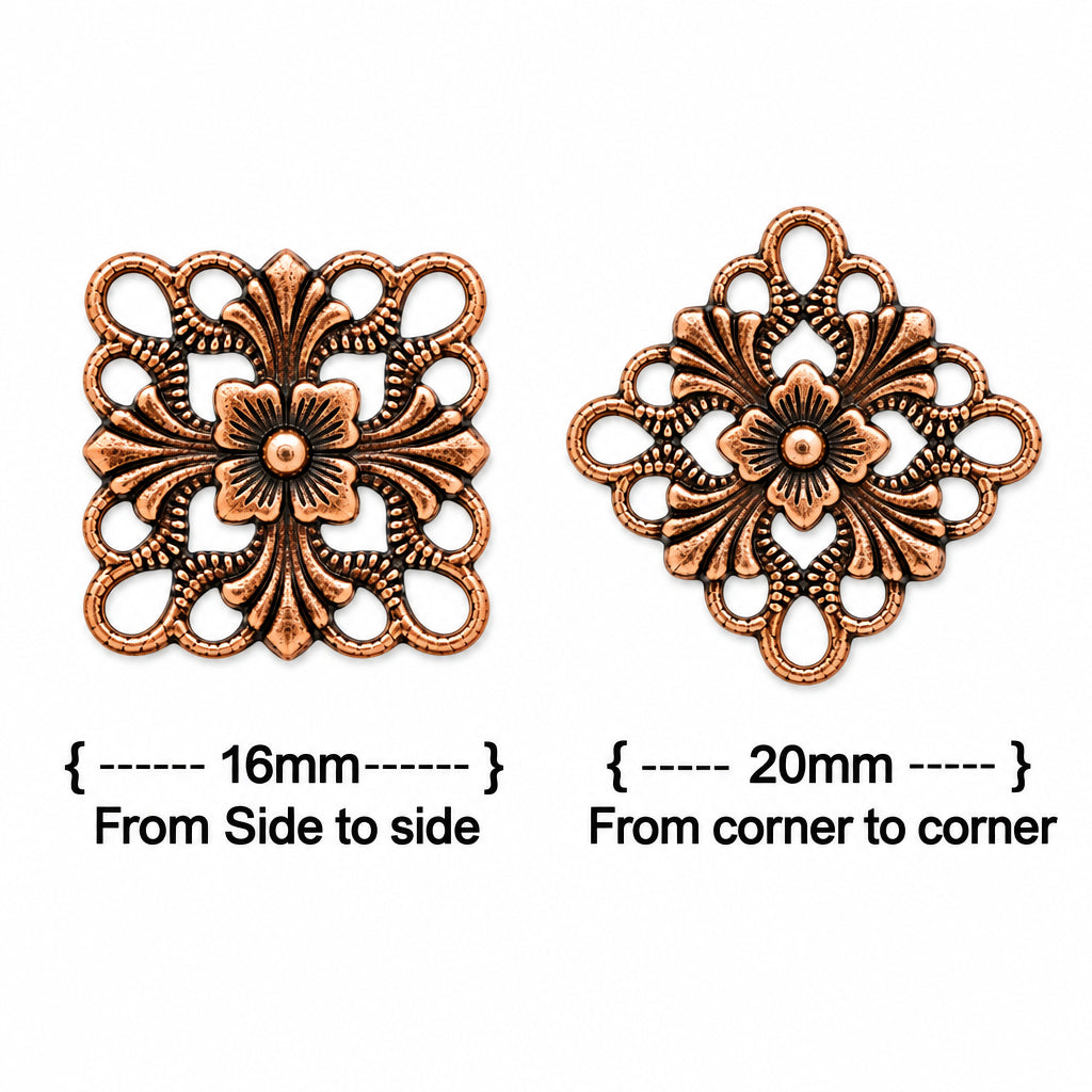 Two ornate metal filigree charms shown on a white background, labeled 16mm from side to side and 20mm from corner to corner, with black measurement text underneath each piece.