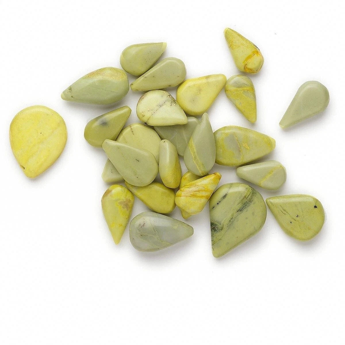 A group of polished tumbled gemstone beads in pale yellow and light olive green with natural marbling, arranged on a plain white background.