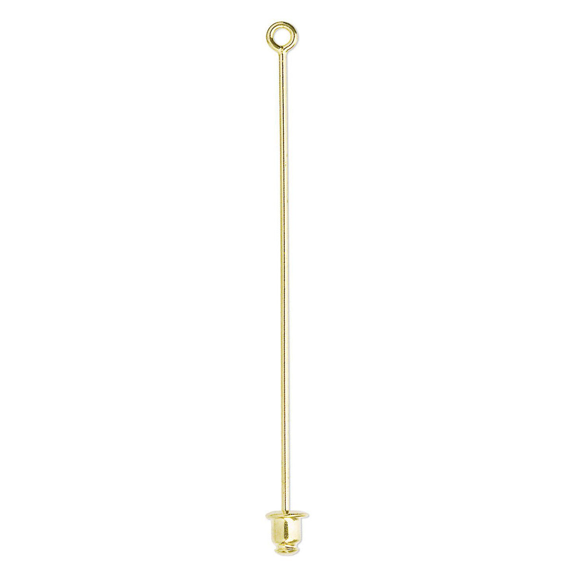 A single gold-toned metal jewelry finding, specifically a long straight post with a circular loop at the top and a small cup-shaped end at the bottom, shown on a plain white background.