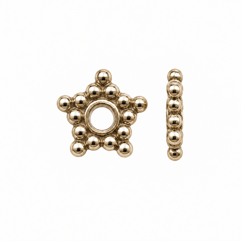 A gold-toned metal bead charm shaped like a five-pointed star with a central hole, shown alongside a matching side profile view on a plain white background.