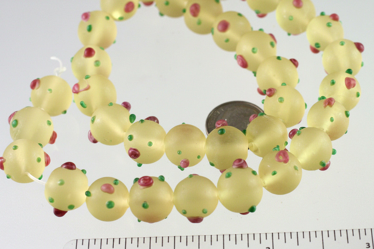 Lampworked Glass Beads, Frosted Lemon Yellow with Roses, 11-12mm, 1 Strand