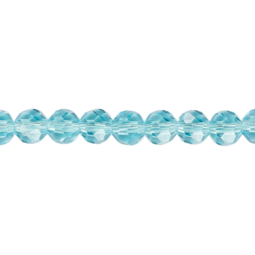 A strand of faceted light blue beads aligned horizontally on a plain white background.