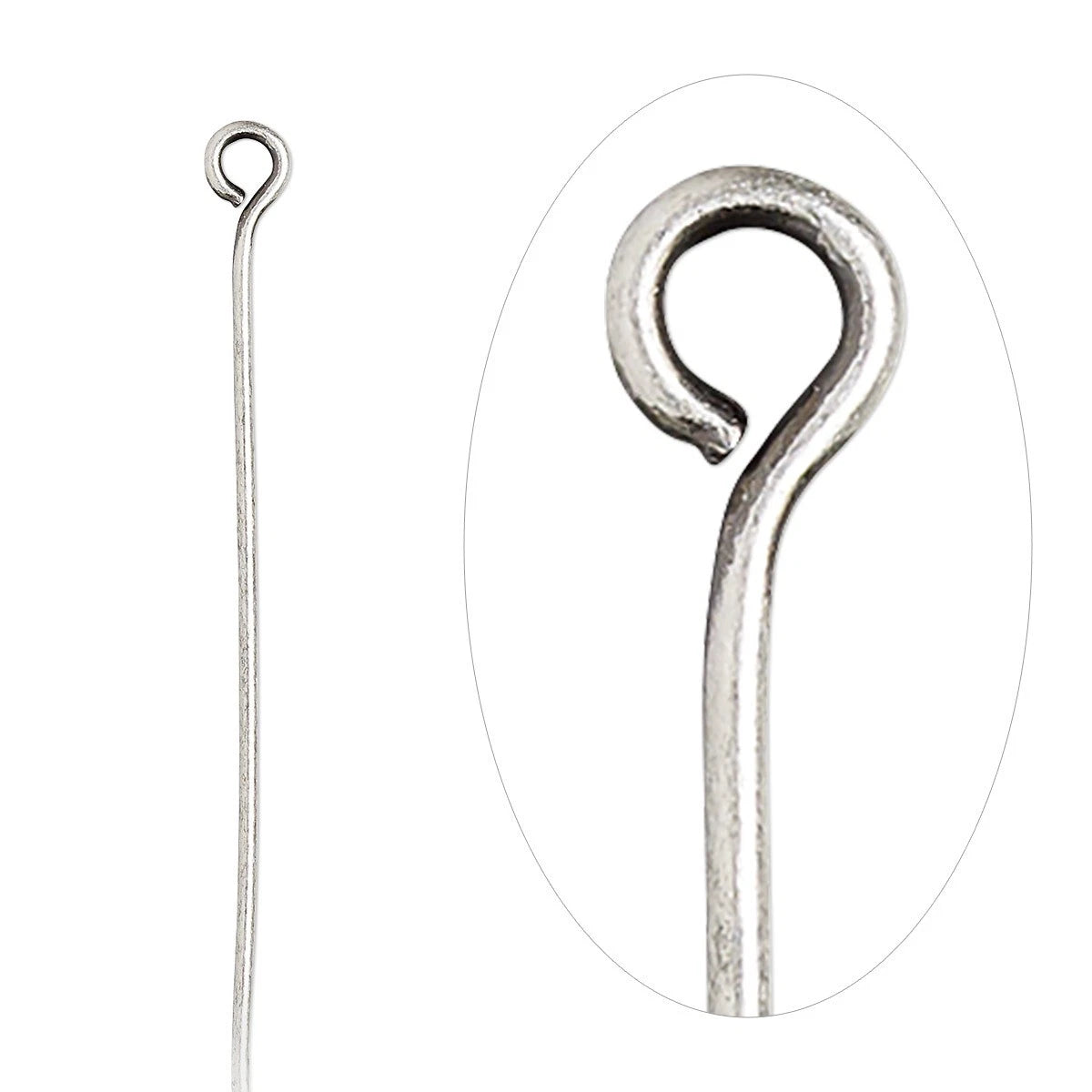 A silver-toned metal hook with a long straight stem and a looped end, shown alongside a circular close-up inset of the hook's curved tip on a white background.