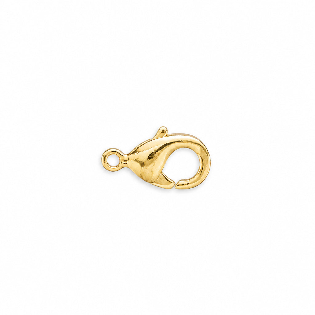 A small gold lobster clasp jewelry finding, isolated on a solid white background.