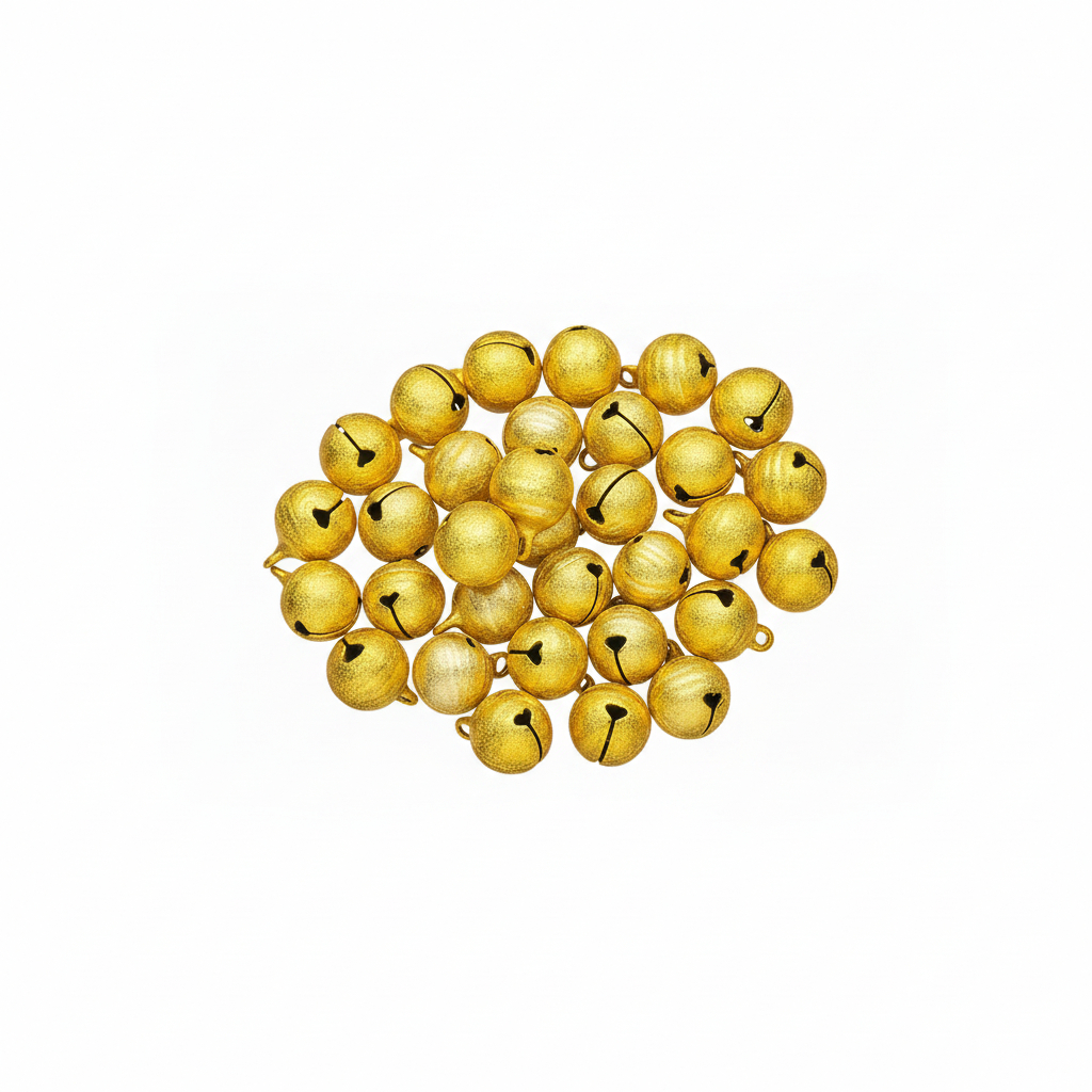 A pile of small metallic gold jingle bells with black bellies, arranged on a plain white background.