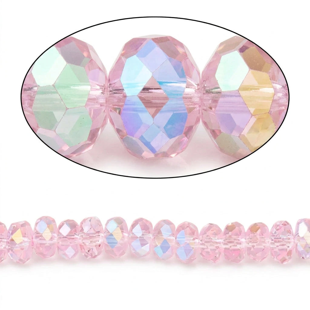 Pink faceted oval beads shown in a close-up oval inset and as a strand on a white background.