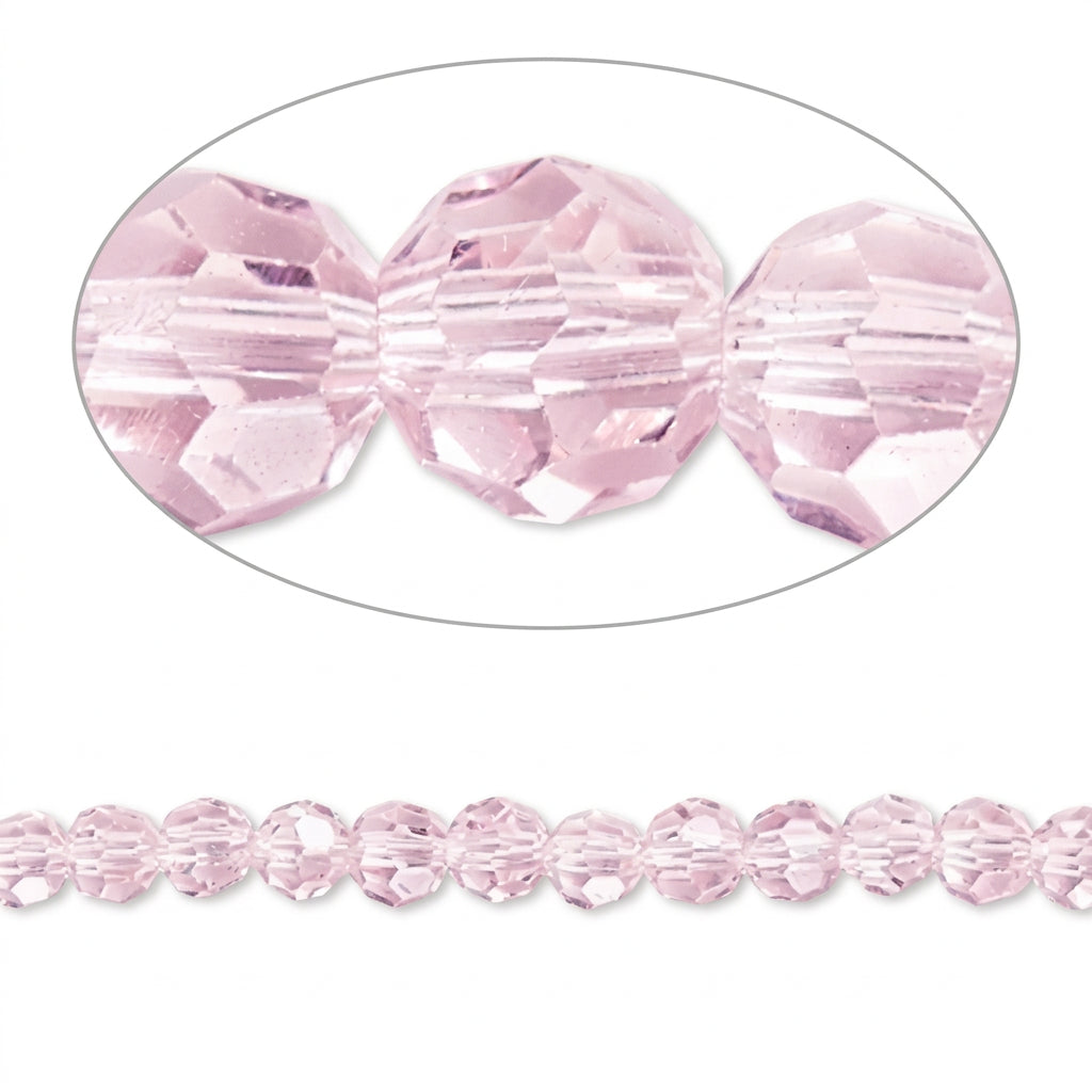 Light pink faceted round beads shown in a close-up oval and as a strand on a white background.