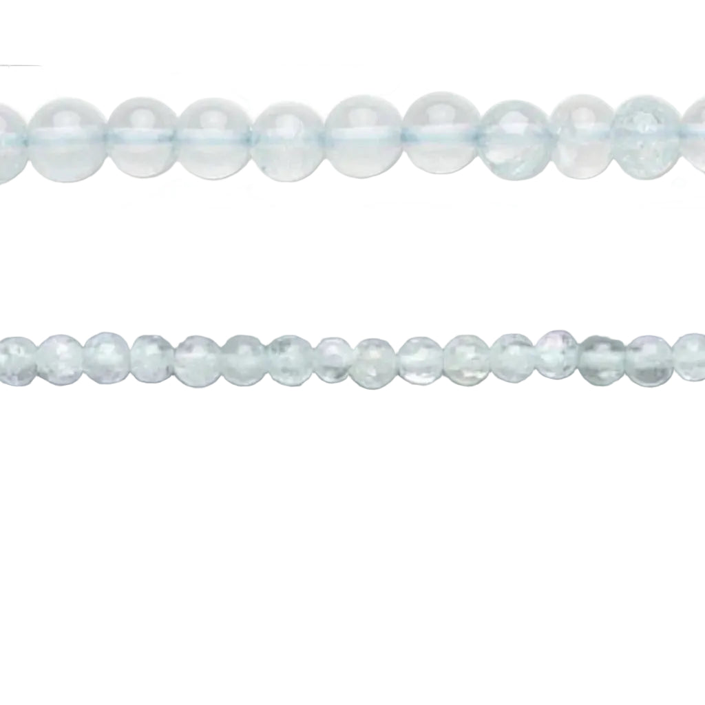 Two strands of round SMOOTH beads in a pale icy blue-green color, displayed horizontally against a plain gray background.