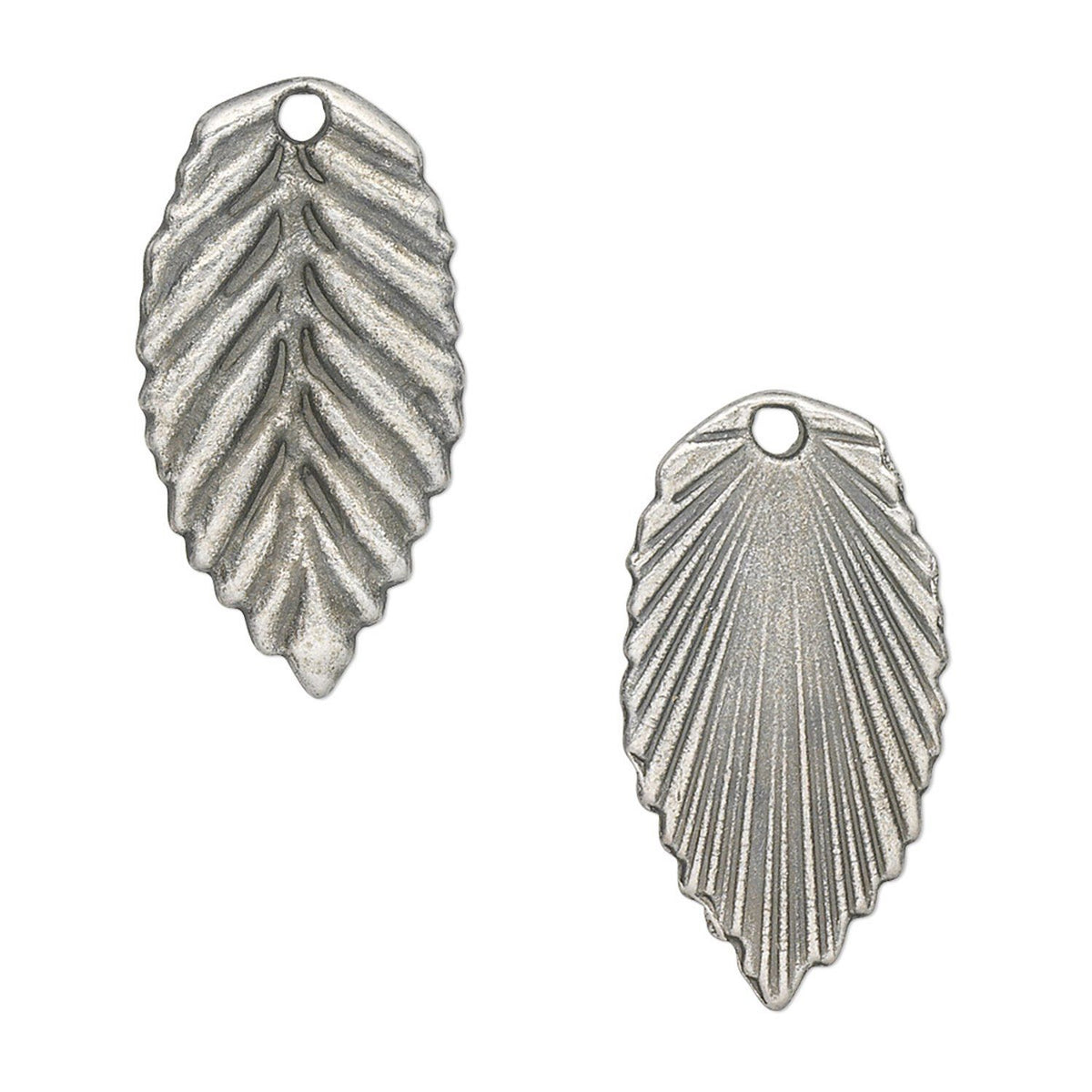 Two silver-toned metal charms shaped like stylized leaves with textured ribbed details and a small loop at the top, shown on a plain white background.