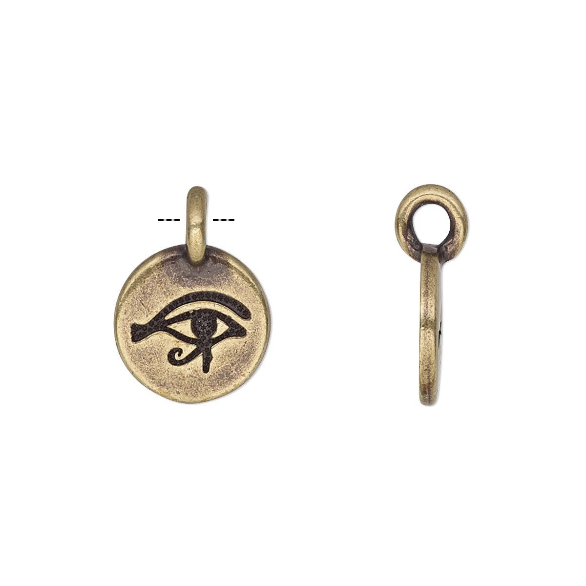Two views of a round antique bronze disc charm featuring an engraved Egyptian Eye of Horus symbol, shown on a plain white background.
