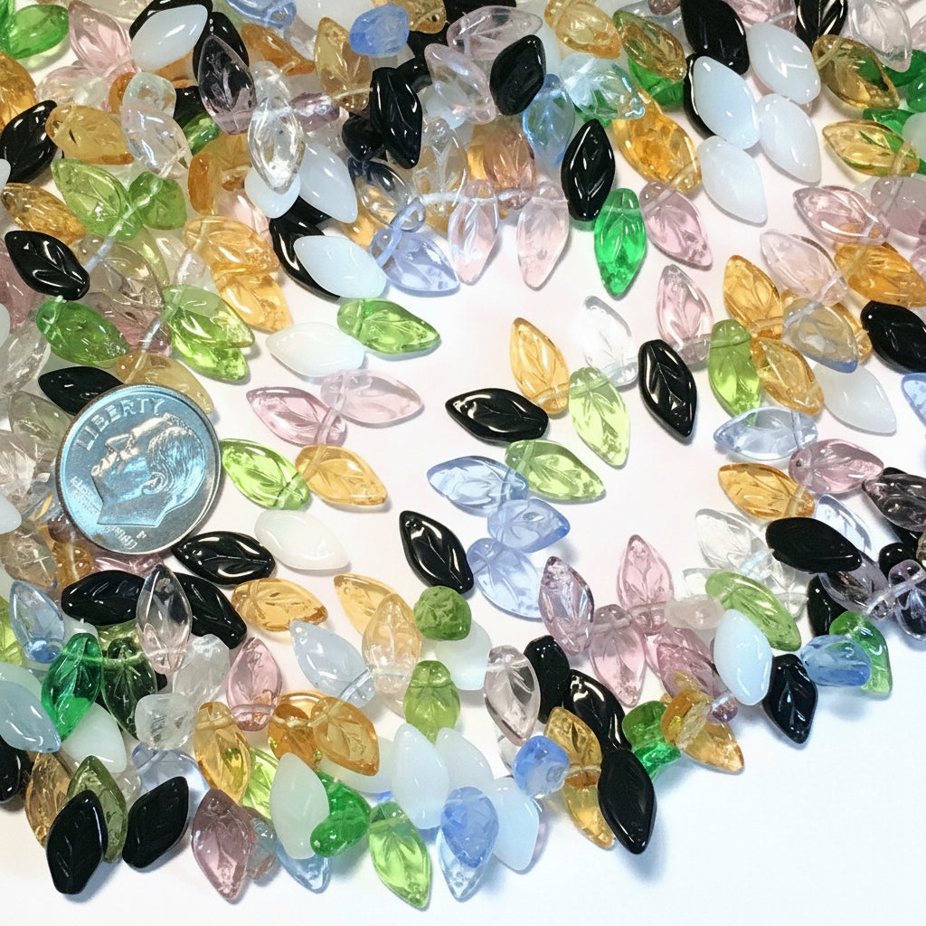 Czech Pressed Glass Leaf Beads, Seascape Mix, 10x5mm, Top-Drilled
