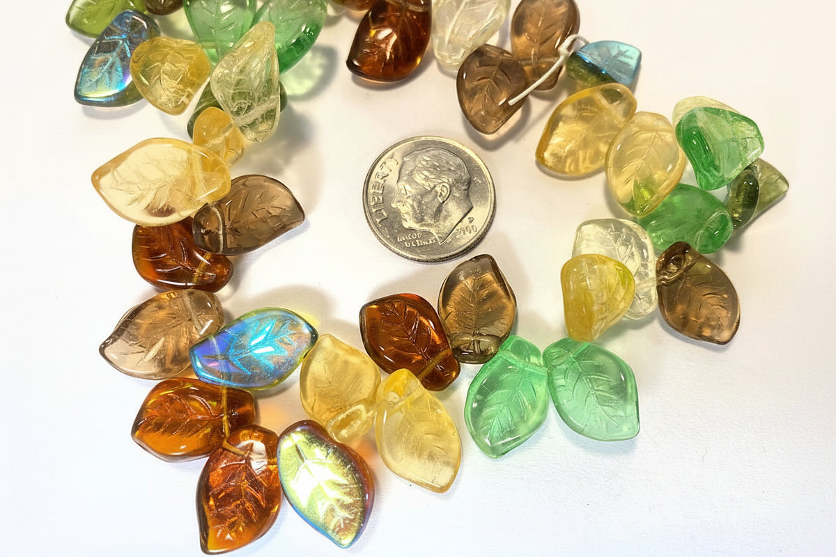 Czech Glass Leaf Beads, Earth Tone Mix, 14x9mm, Top-Drilled, 50 pcs