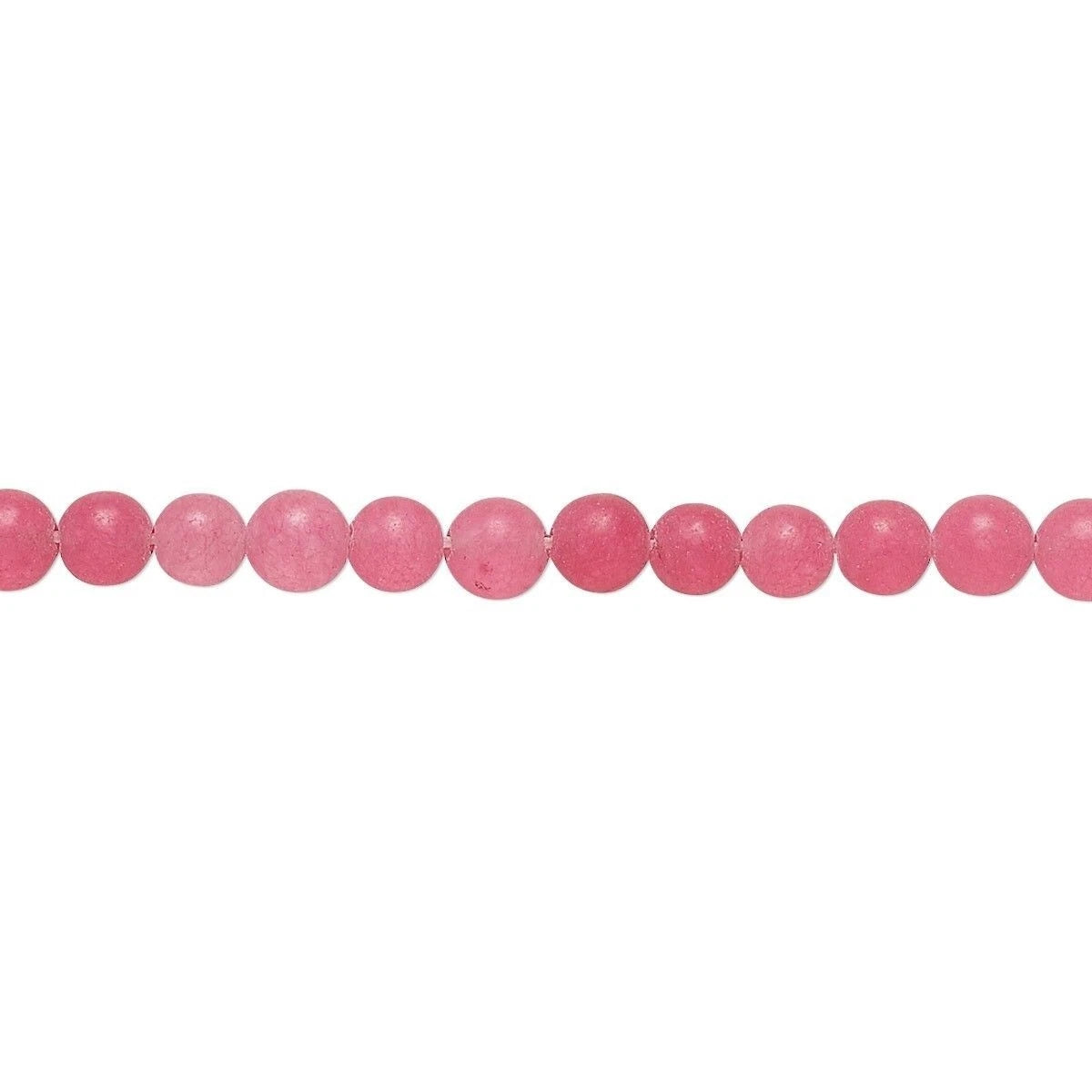 A single strand of round, polished pink beads laid horizontally against a plain white background.