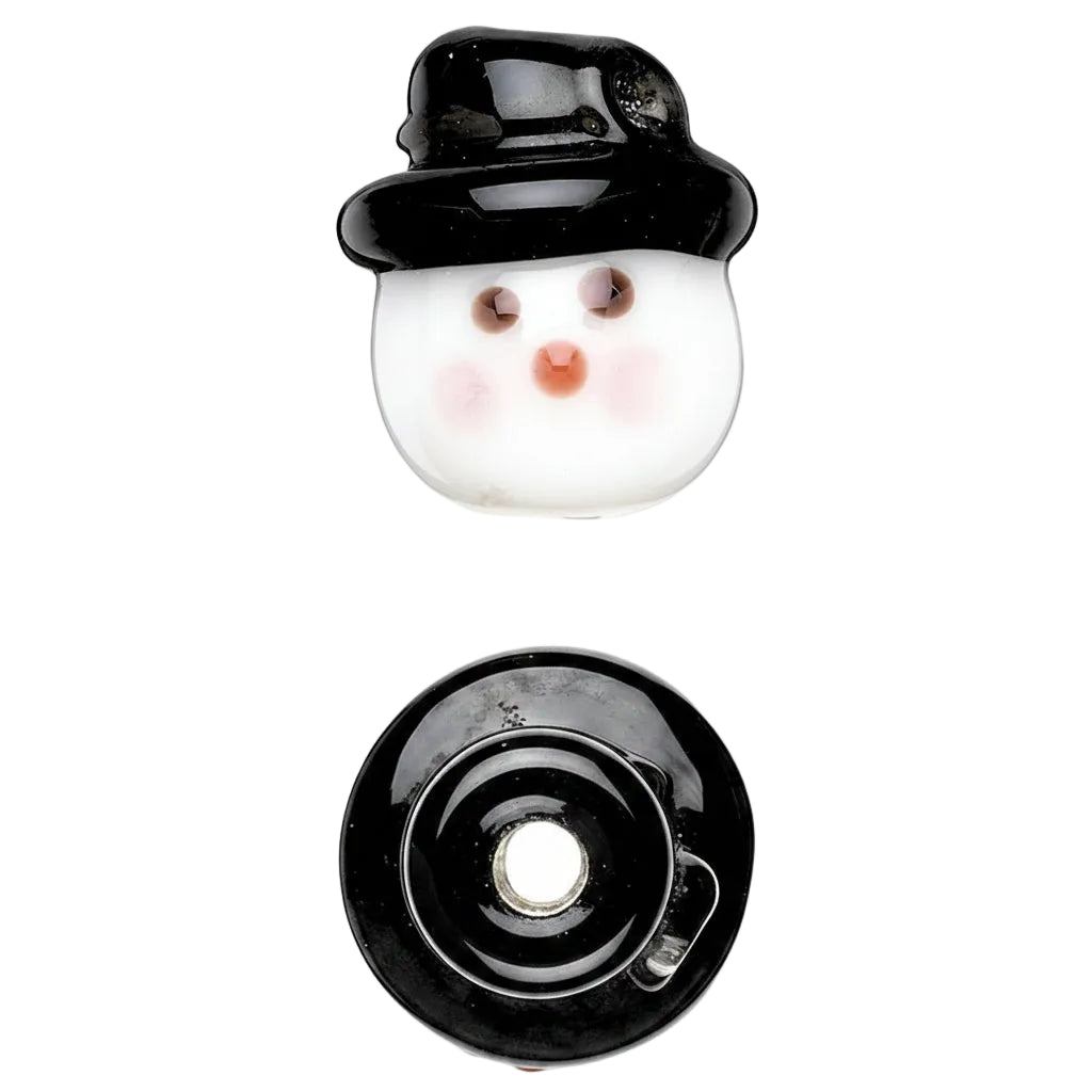 A snowman-shaped glass ornament or charm with a glossy black hat, white face, and pink cheeks, shown from the front and back on a plain white background.