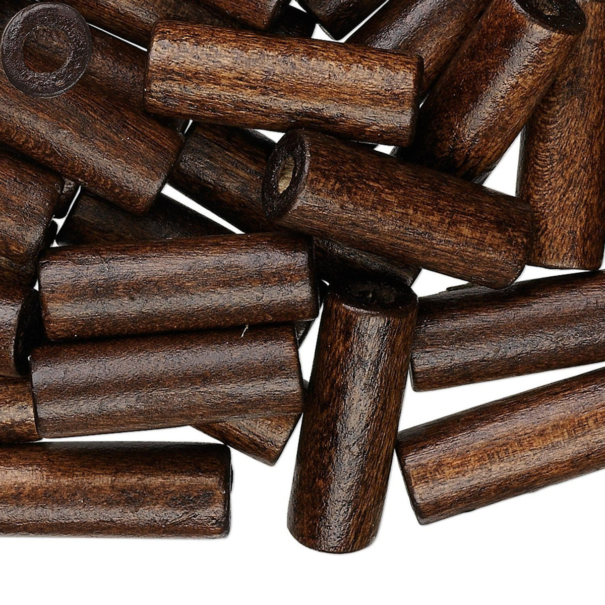 A pile of dark brown wooden cylinder beads with visible wood grain, shown on a plain white background.