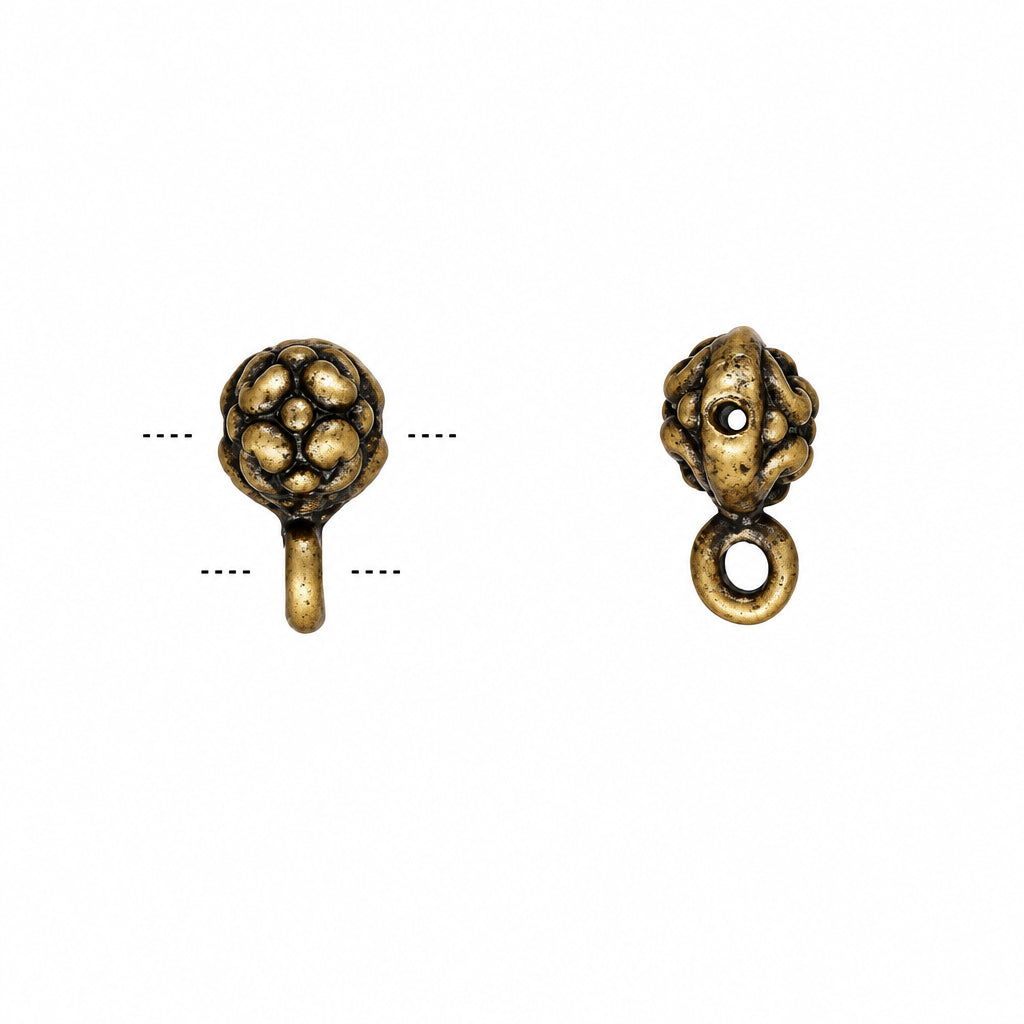 Two small antique bronze metal jewelry findings on a plain white background, one shown from the front with a stem and one from the side with a loop.