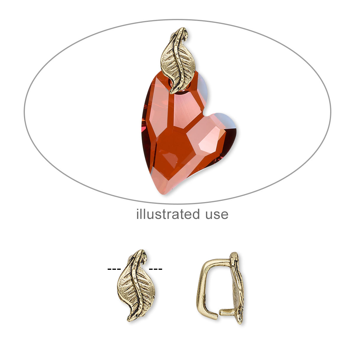 An illustrated jewelry-making product showing a faceted amber-red heart-shaped crystal pendant with a gold-toned leaf-shaped clasp, plus small front and side views of the clasp below on a white background.