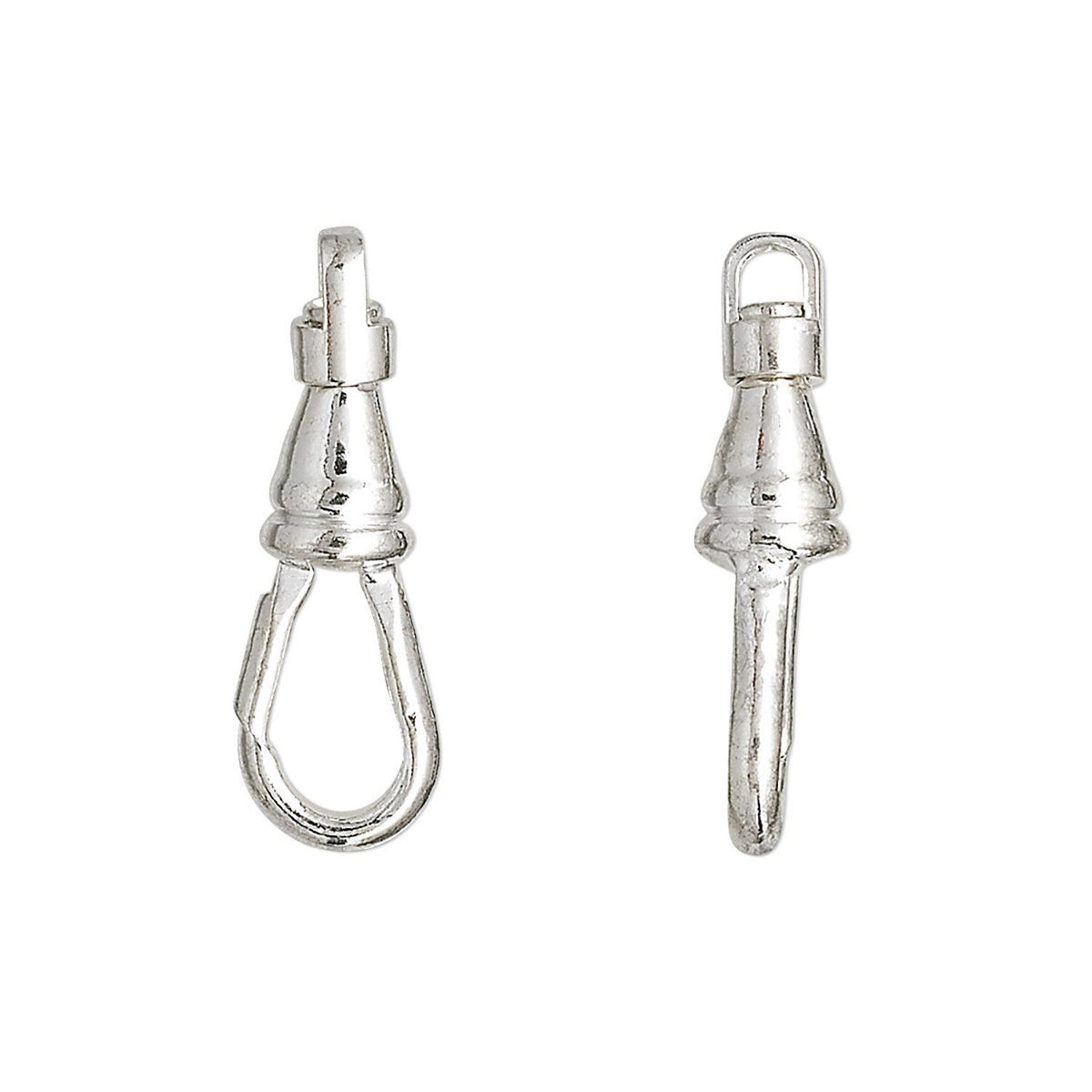 Two silver-toned metal lobster clasp jump rings shown side by side on a plain white background.