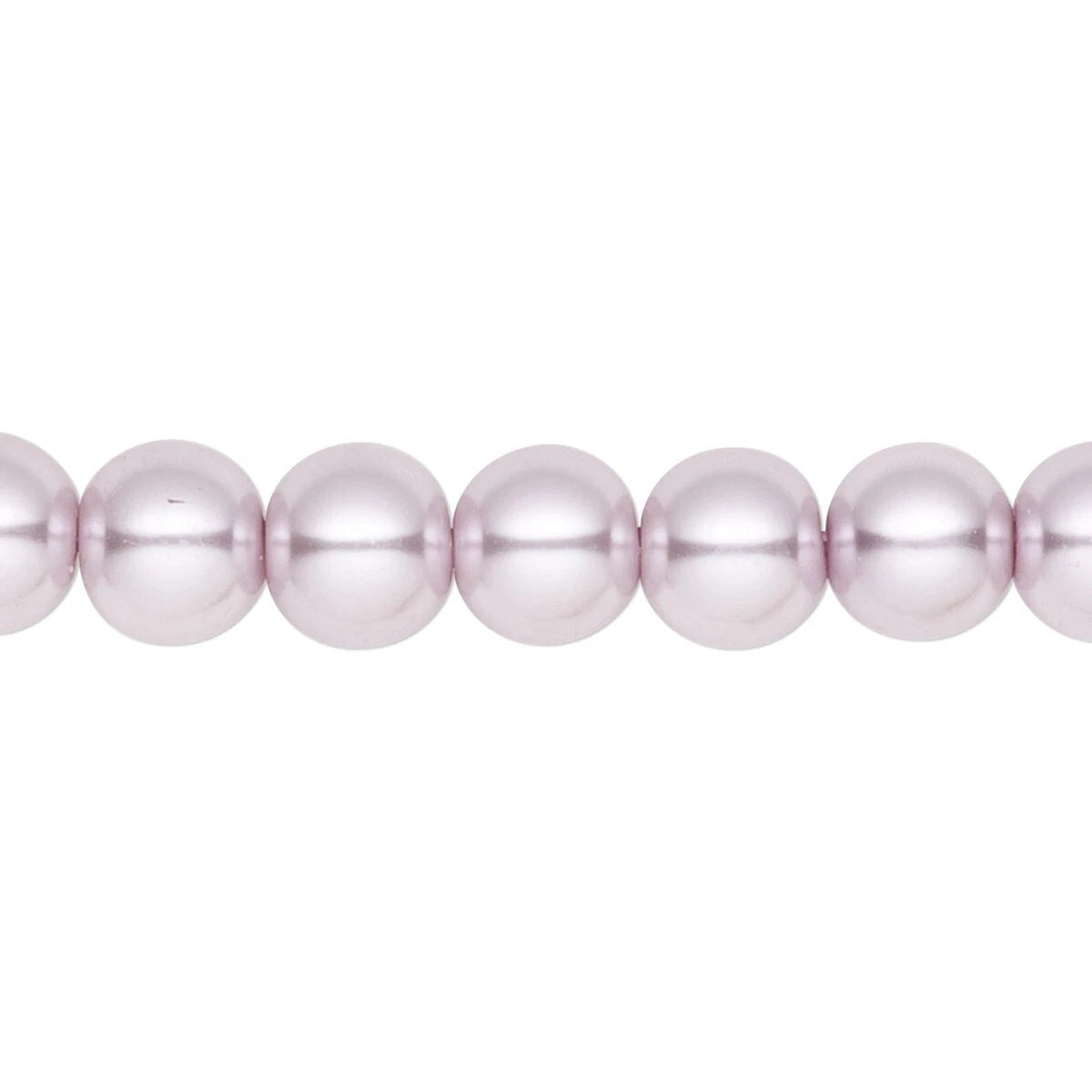 A close-up of a strand of light pink lustrous pearls on a plain white background.