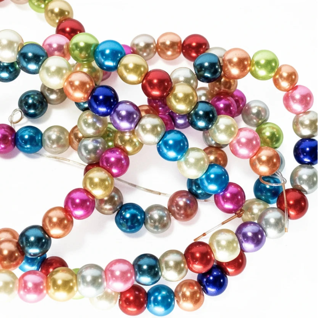 A pile of colorful round pearl beads on a white background, featuring a variety of vibrant colors including blue, pink, red, green, gold, and silver.