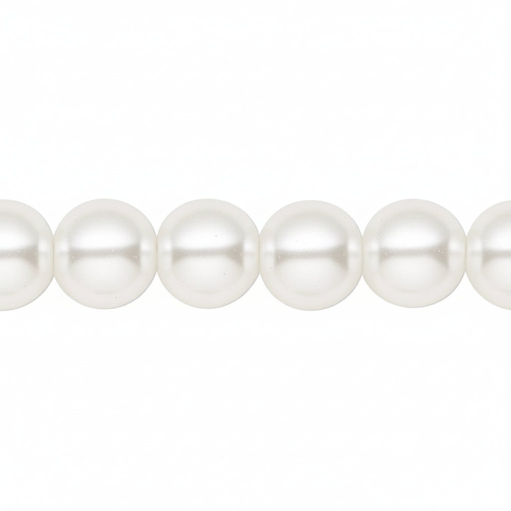 A close-up of a strand of white freshwater pearls aligned horizontally against a solid white background.