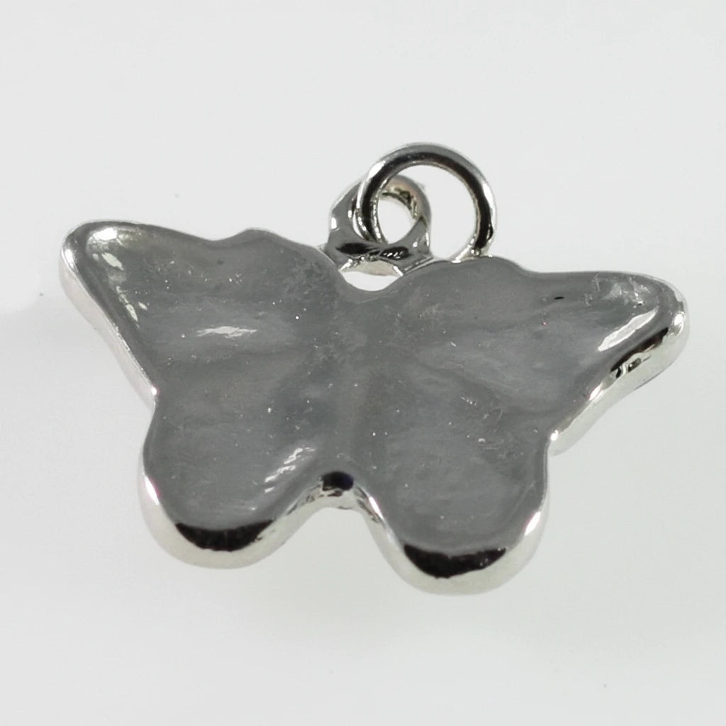 A polished silver butterfly-shaped charm with a small hanging loop at the top, shown on a plain light background.
