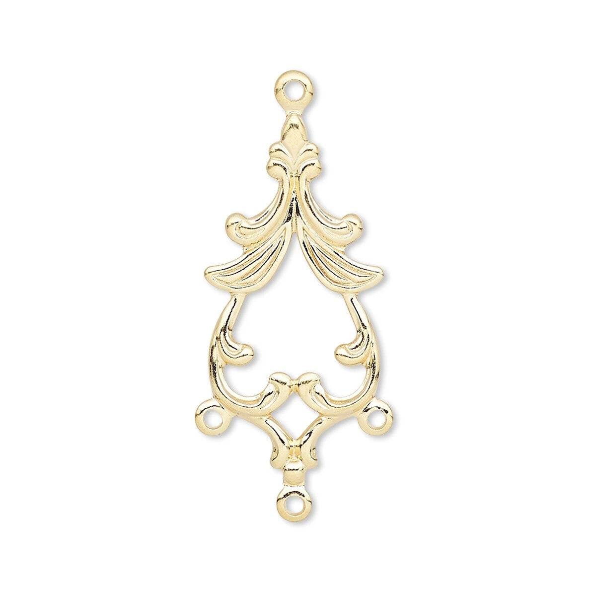 Gold ornate metal pendant charm with decorative scrollwork and a top hanging loop, shown on a plain white background.