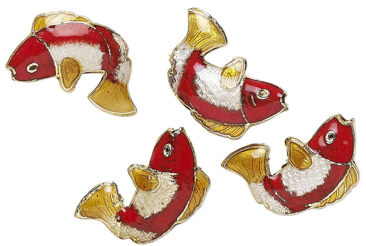 Gold Finished Brass & Red Enamel Cloisonné Fish Beads 18x14x4mm — 6 pcs