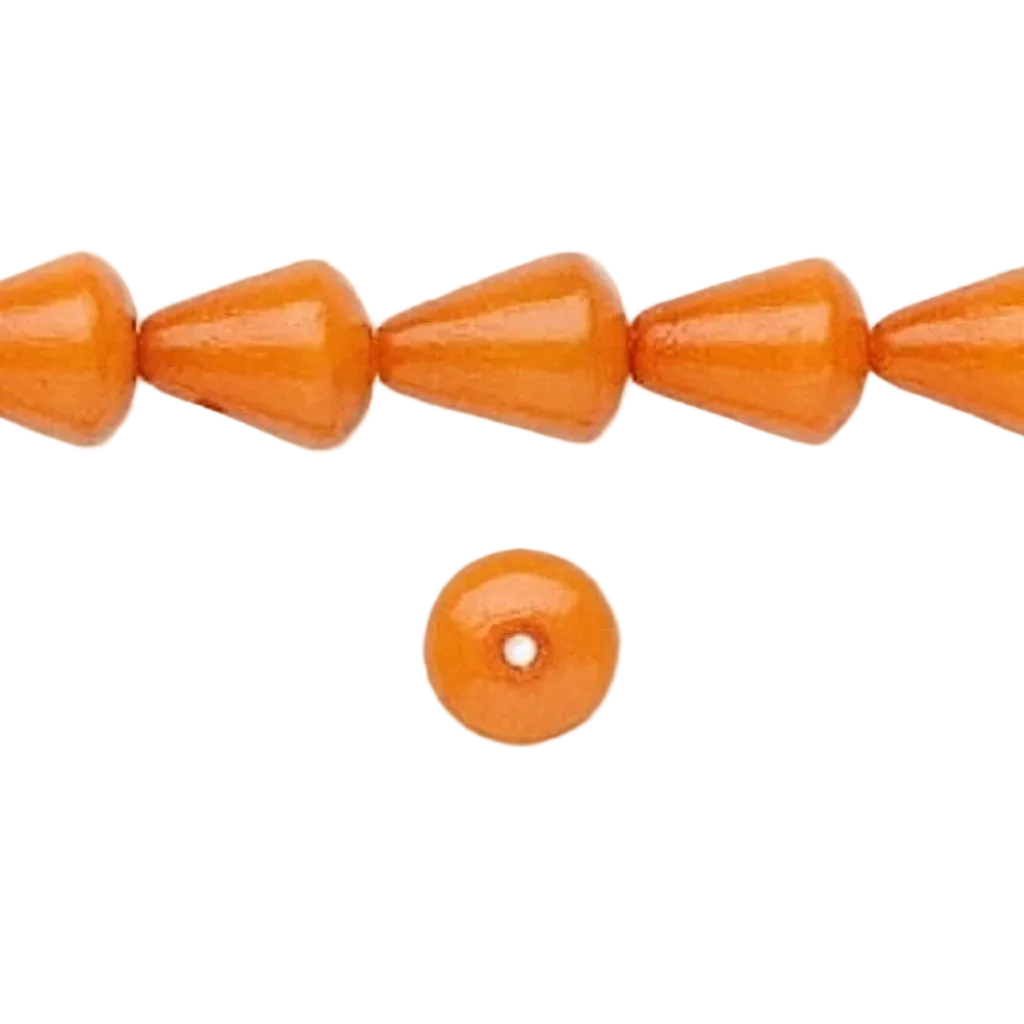 Bright orange cone-shaped beads strung on a thin line, with one loose round orange bead shown below on a plain white background.