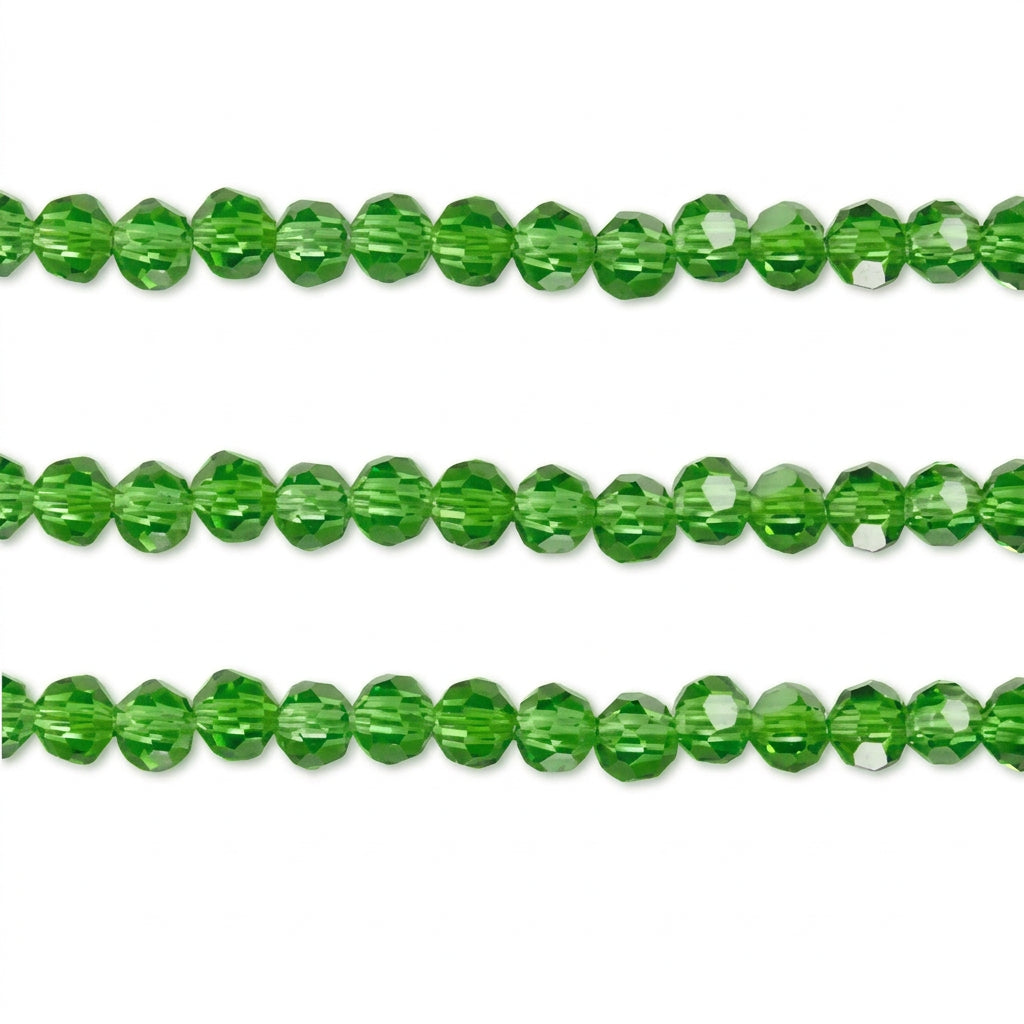 Three strands of faceted green beads arranged horizontally on a plain white background.