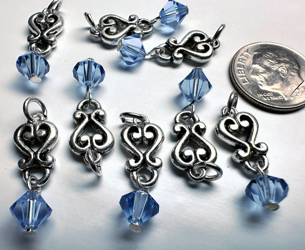 Antiqued Silver Pewter Heart Dangles with Light Sapphire Blue Swarovski Crystal 26x8mm — 8 pcs