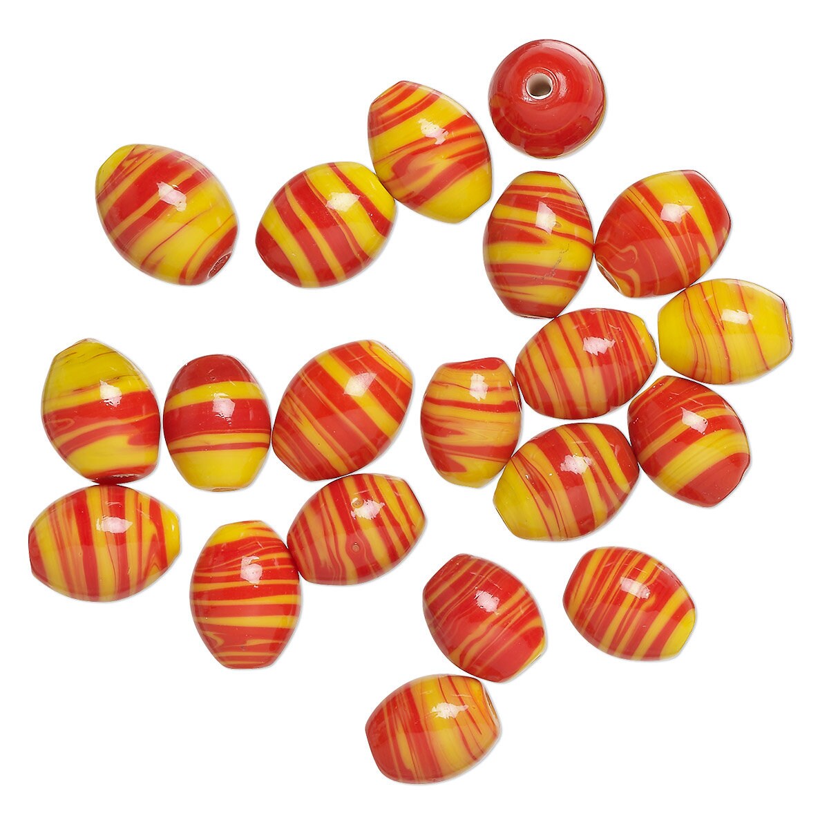 Lampworked Glass Oval Swirl Beads, Yellow Orange Red, 11x9mm, 20 pcs