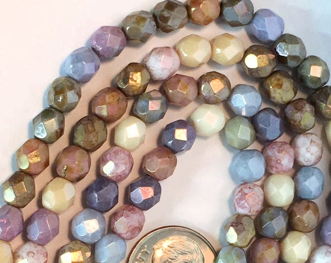 Czech Fire Polished Glass Beads: 6mm Faceted Round, Opaque Luster Mix (50 pc)