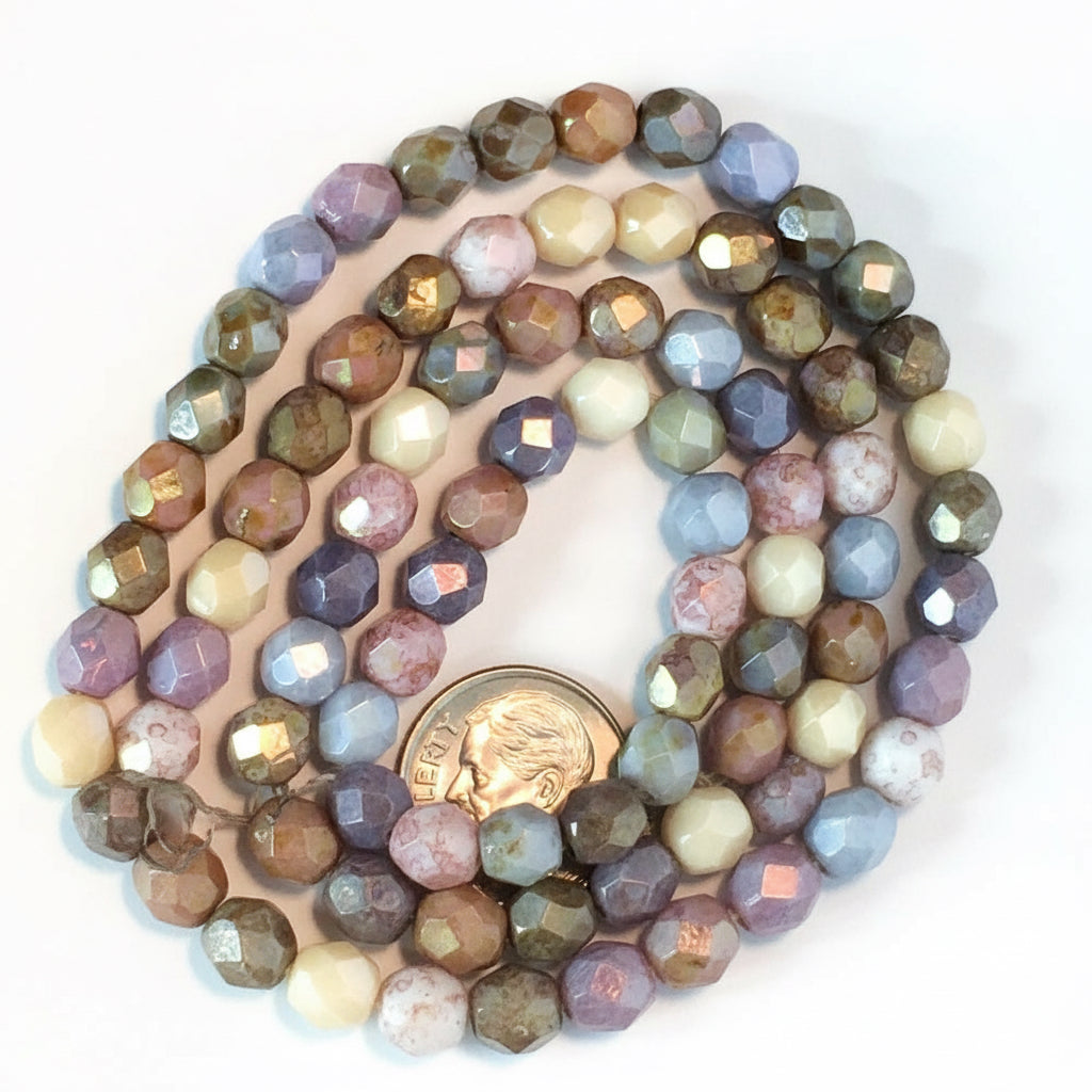 Czech Fire Polished Glass Beads: 6mm Faceted Round, Opaque Luster Mix (50 pc)