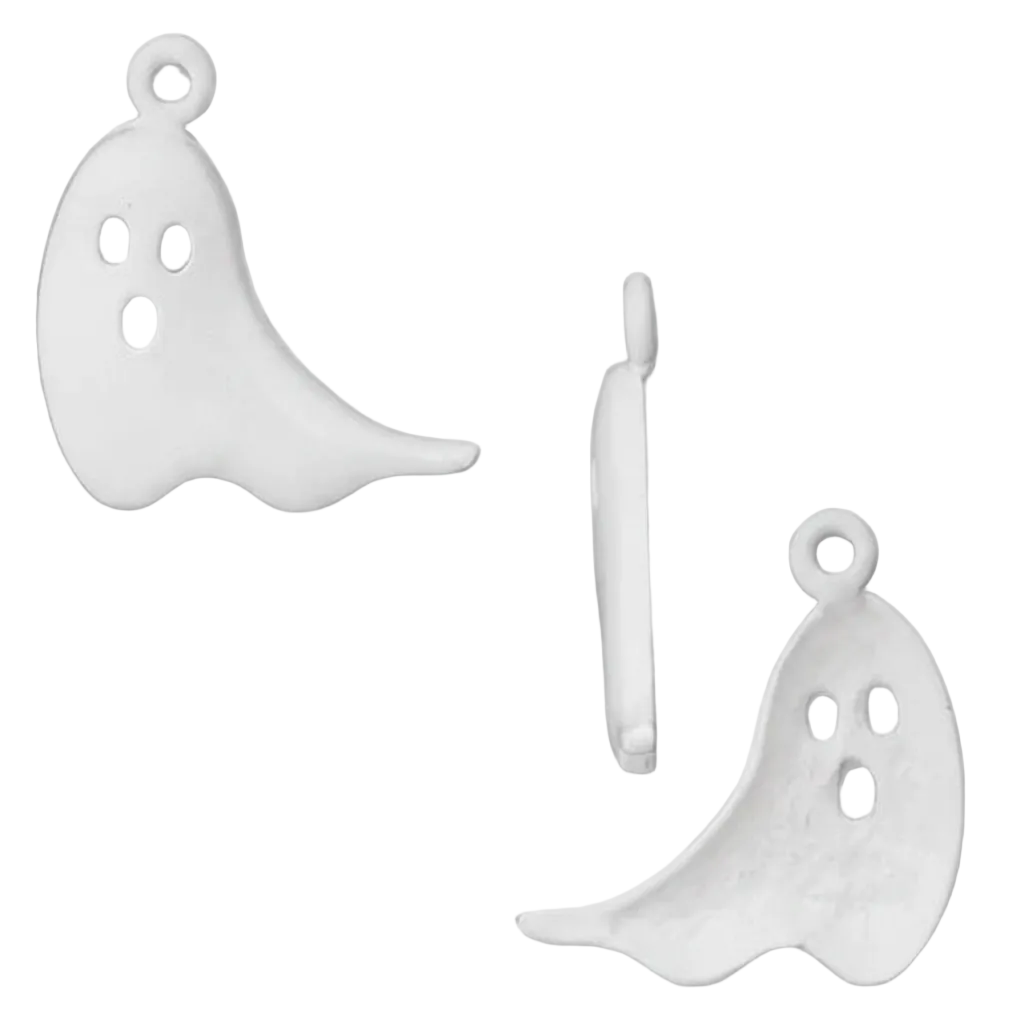 Three white ghost-shaped jewelry charms or pendants shown on a plain white background, including two front views and one side profile view.