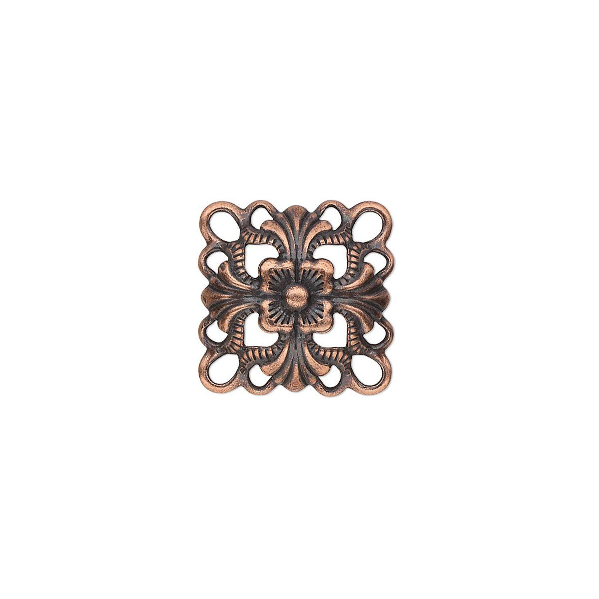 An ornate square metal decorative piece with a central floral motif and looped scalloped edges, finished in an antique copper or bronze tone against a plain white background.