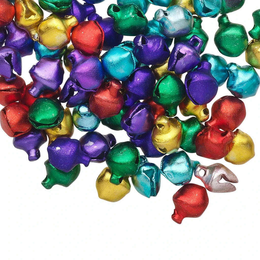 A pile of small metallic jingle bells in assorted colors including purple, green, red, blue, yellow, and silver, photographed on a plain white background.