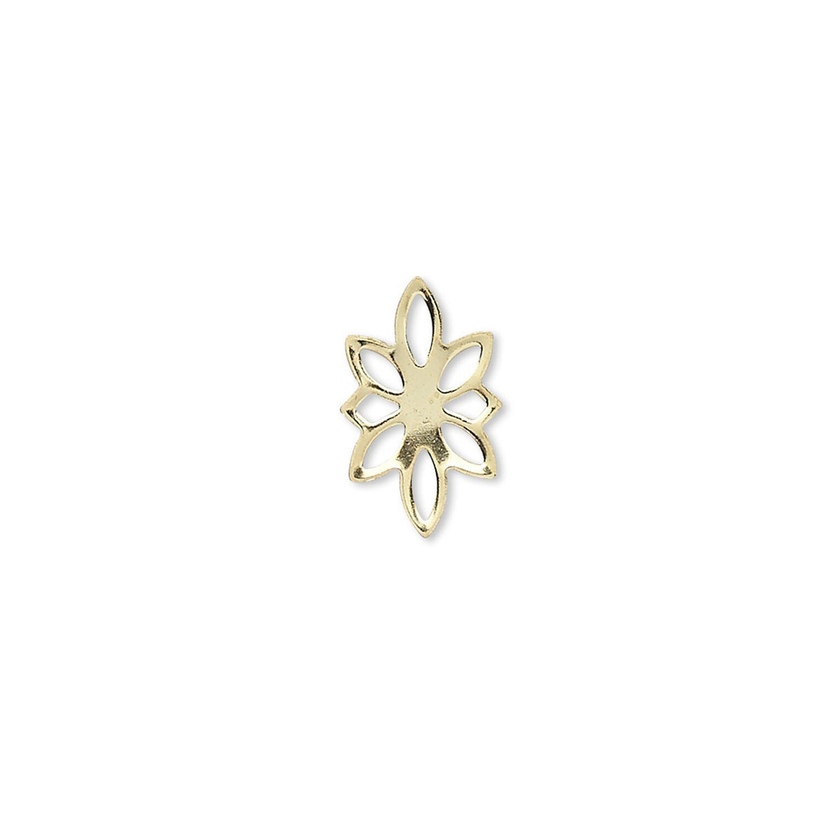 A small gold-toned metal flower-shaped charm or connector with six open petals, centered on a plain white background.