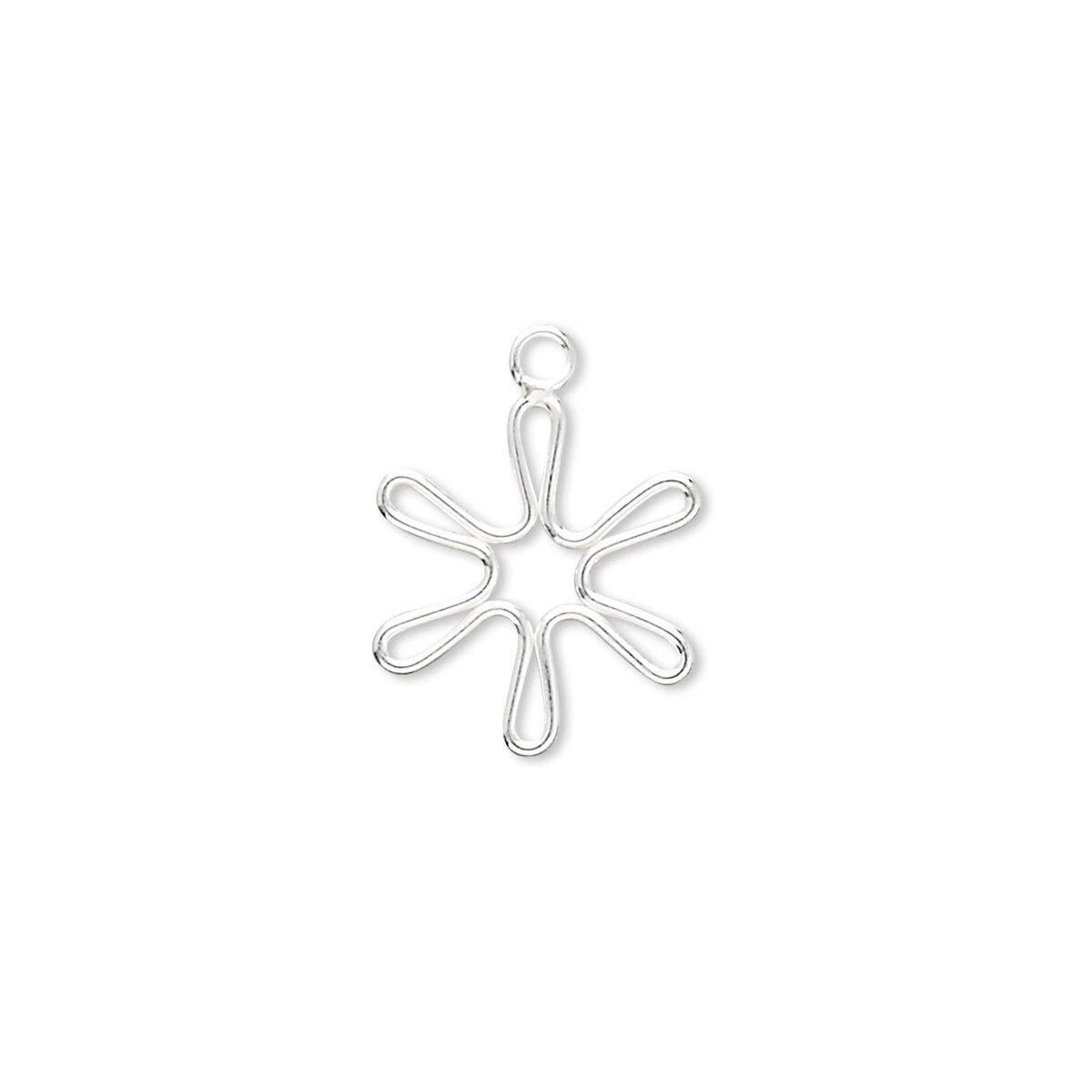 A silver-toned metal flower charm with six elongated petals and a small loop at the top, shown on a plain white background.