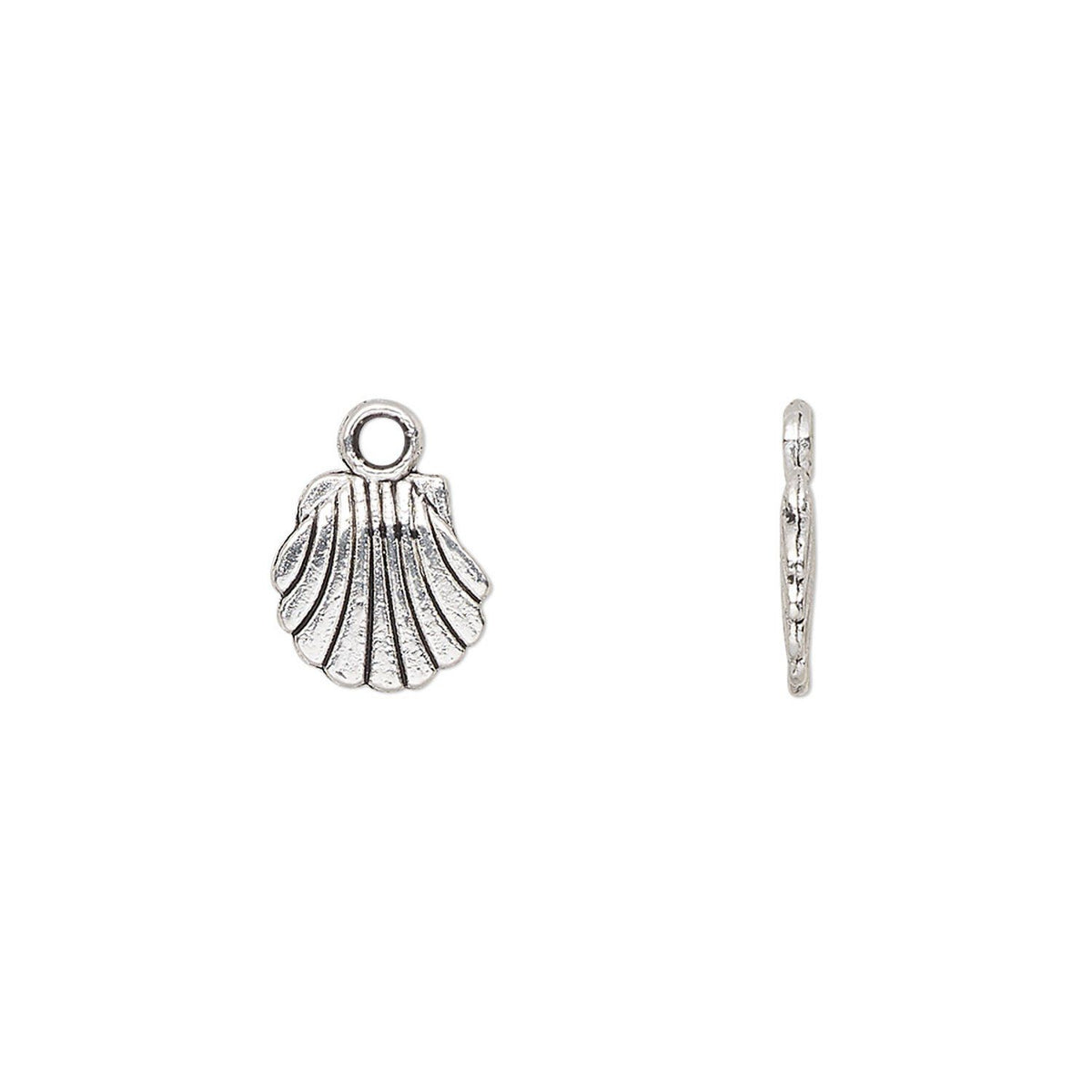 A silver-toned metal shell-shaped charm with a textured ribbed pattern and a small loop at the top, shown alongside a side profile view on a plain white background.