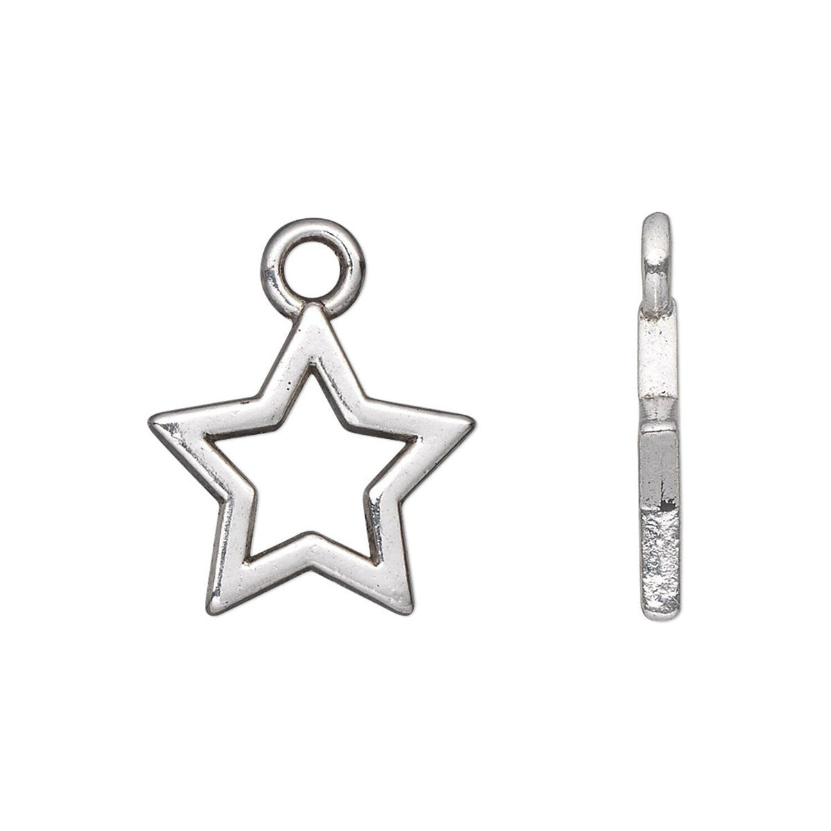 silver star-shaped jewelry charm with a top loop, shown from both a front-facing perspective and a side profile view on a plain white background.
