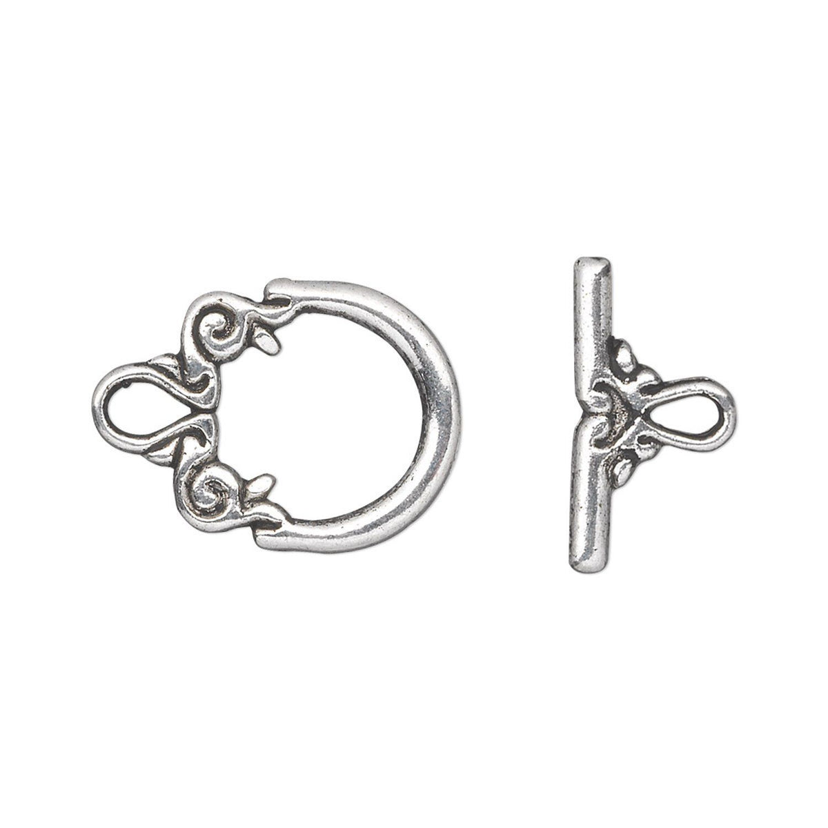 Antiqued Silver Pewter Fancy Round Double-Sided Toggle Clasps, 15x14mm - 20 sets