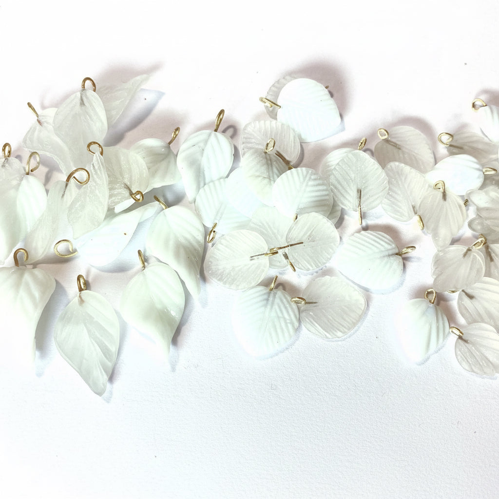 Frosted Clear & White Pressed Glass Leaf Charms, Mixed Sizes — 54 pcs