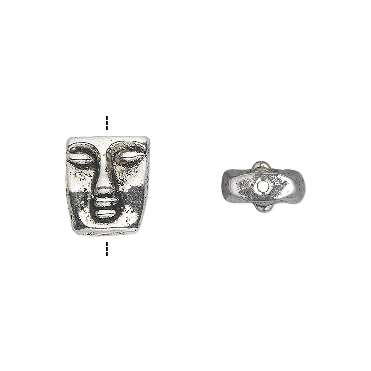An antique silver-toned metal bead featuring a stylized face design, shown from two angles (front and side profile) on a plain white background.