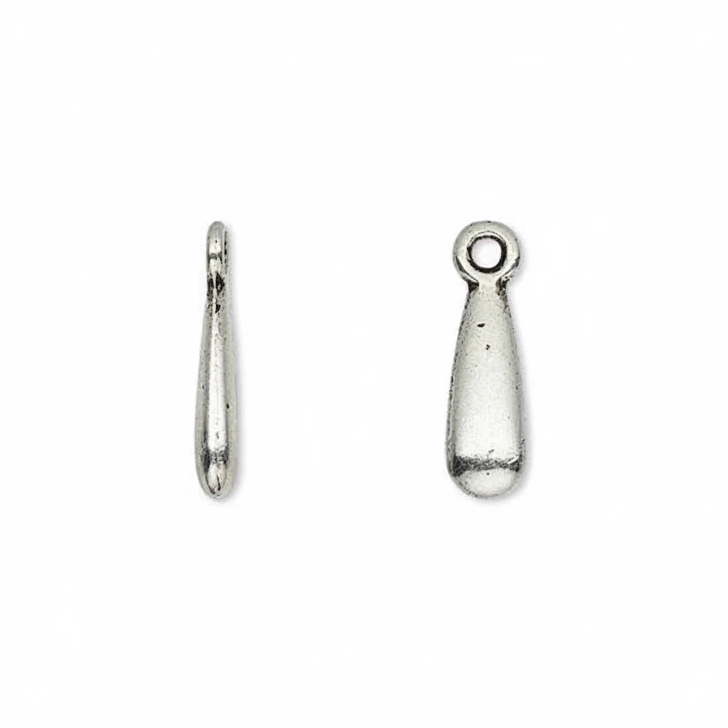 Two small silver teardrop-shaped jewelry findings with loop tops, shown side by side on a plain white background.