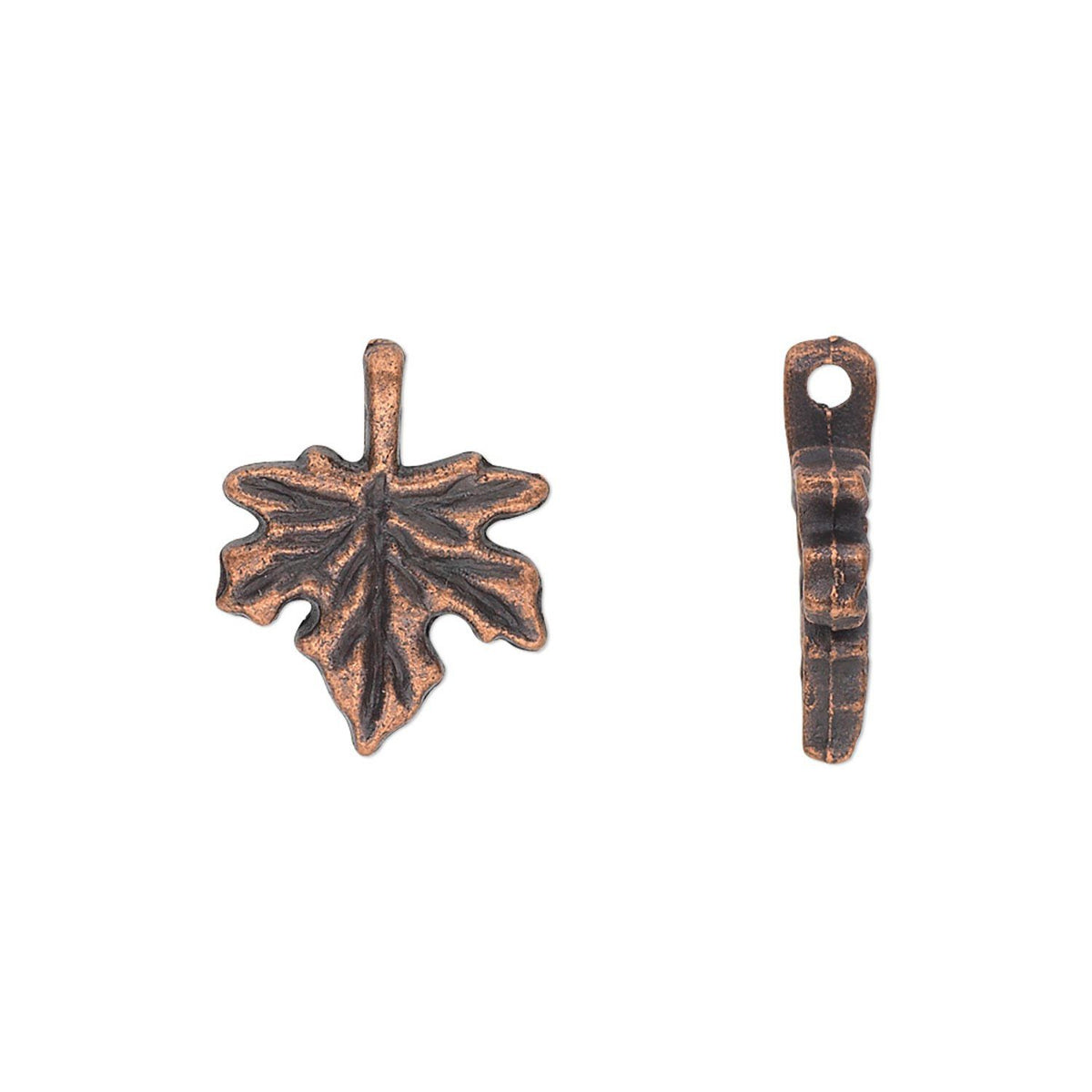 Two small metal charms on a plain white background: a leaf-shaped charm with a loop at the top and a narrow rectangular charm with a loop at one end, both in an antique bronze finish.
